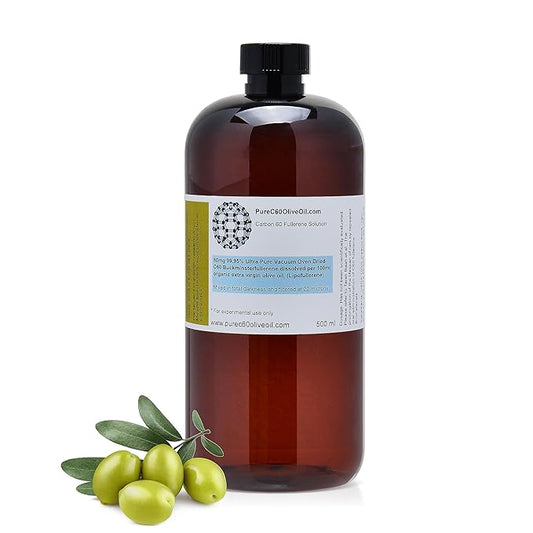 PureC60OliveOil C60 Organic Olive Oil 500ml / 16.9 Fl Oz - 99.95% Carbon 60 Solvent Free 400mg