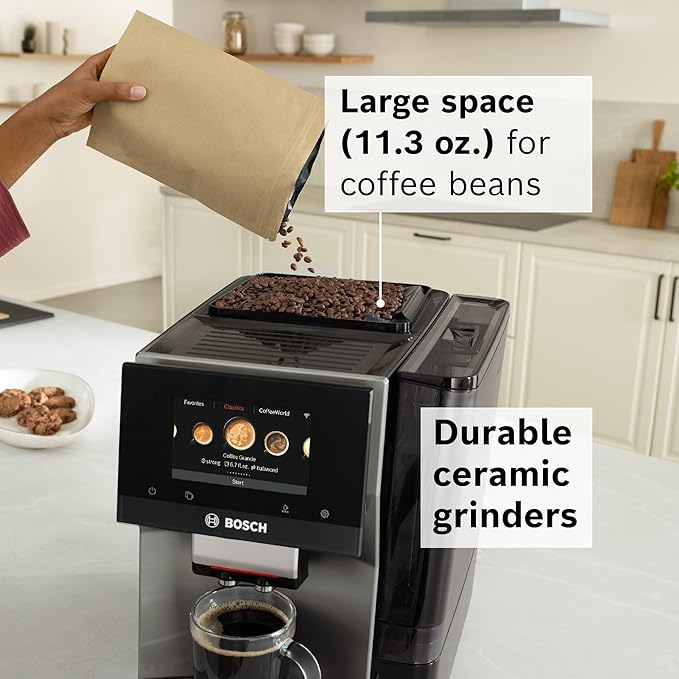 Bosch 800 Series Fully Automatic Espresso and Coffee Machine ??36 Drinks with Coffee World, Cold Brew, Double Cup, Milk Hose, Glass Milk Container, in Metallic Silver TPU60501