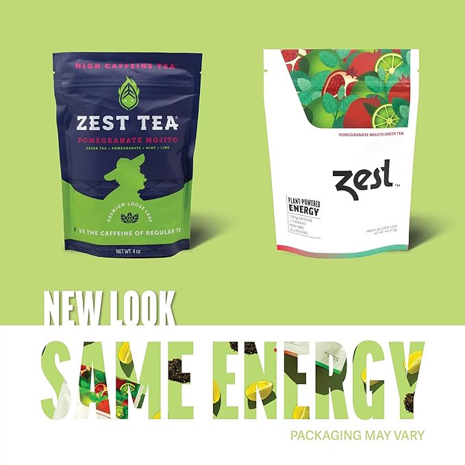 Zest 135mg High Caffeine Energy Loose Leaf Blend - Pomegranate Mojito Green Tea - 4 Oz - All Natural Strong Flavored Healthy Coffee Alternative Highly Caffeinated Substitute - Perfect for Keto