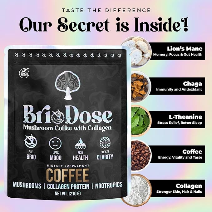 Mushroom Coffee with Grass-Fed Collagen Peptides ??Lion?™s Mane, Chaga & L-Theanine ??45mg Caffeine per Serving Instant Adaptogenic Coffee for Focus, Energy & Skin Health ??30 Servings -NSF Certified