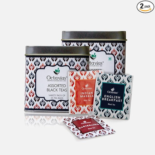 Octavius Tea Variety Pack | 3 Assorted Black Teas | 25 Teabags Per Pack | Sampler Tea Pack | Pack of 2 | 50 Teabags Total | Premium Indian Black Tea Collection