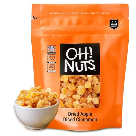 Oh! Nuts Dried Cinnamon Apple - 1 LB - Sweetened Dried Fruit Diced - Dehydrated Fruit Bites - Packed in New York Zip-Seal Bag for Exceptional Freshness