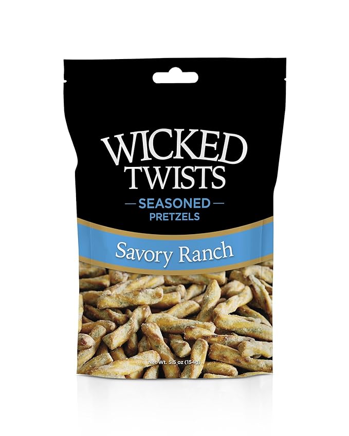 Wicked Twists Savory Ranch Seasoned Pretzels Twists 5.5 oz (1 Pack) Snack Pretzel Sticks Rods, Bold Flavor Snack, Resealable Fresh Pack, Baked Crunch, Party & School-Ready