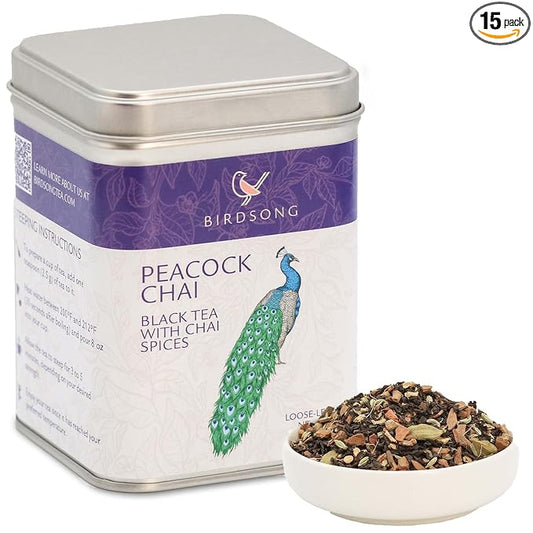 Birdsong Peacock Chai- Organic Black Tea with Assam Chai Spices, Caffeinated English Breakfast Tea with Cardamom, Ginger, and Cinnamon Notes, 100% Natural Sweet 18 Plant-Based Pyramid Tea Bags