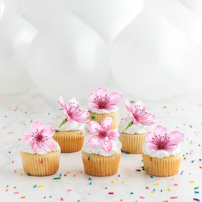 40 Pack Edible Cherry Blossom Cupcake Toppers Cherry Flowers Cake Toppers Rice Paper Wafer Paper Cupcake Picks for Cherry Blossom Baby Shower Kids Birthday Cupcake Decorations
