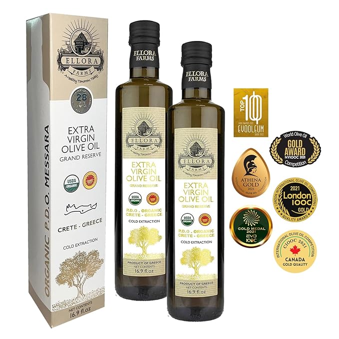 Ellora Farms, Organic Extra Virgin Olive Oil, PDO Messara, Greek Single Estate, High Polyphenol, Cold Press, Traceable & Kosher, 17 FL oz, Pack of 2