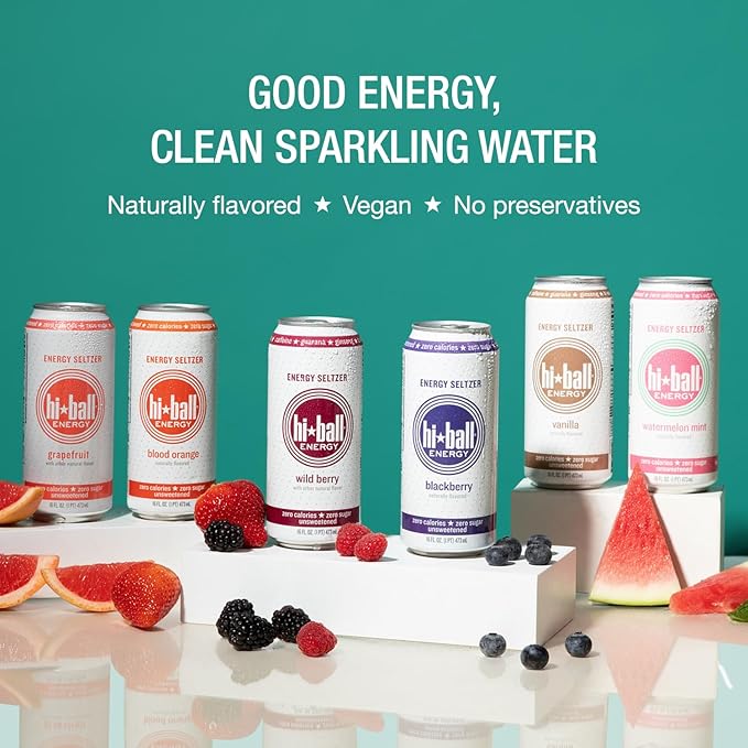 Hiball Energy Sparkling Water Zero Sugar and Zero Calorie Drink, Grapefruit, 16 Fl Oz ( 8 Count)