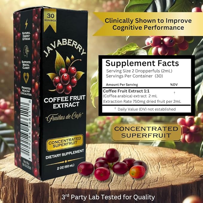 Javaberry Coffee Fruit Extract ??Brain Supplement for Focus, Memory & Clarity ??Supports BDNF & Mental Energy ??Natural Antioxidant Nootropic Liquid with Polyphenols ??60ml (30 Servings)
