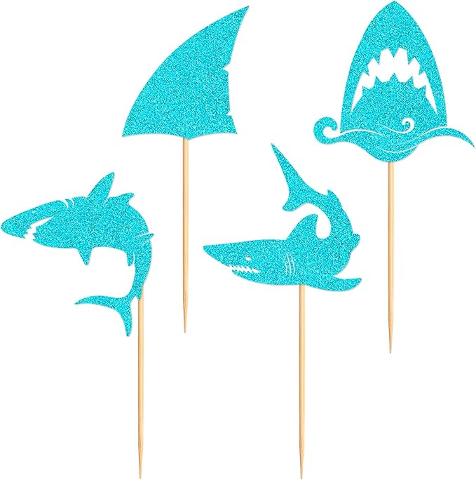 24 PCS Glitter Shark Cupcake Toppers Ocean Themed Party Shark Cake Decorations Baby Shower Birthday Party Decorations