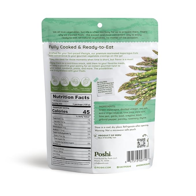 POSHI Marinated Asparagus Cuts with Rosemary + Oregano Natural, Keto, Vegan, Non GMO, Low Carb + Calorie, Gluten Free Ready to Eat Fully Cooked Vegetables, Pentry Food, Gourmet, Healthy 6 Pack, 4.4oz