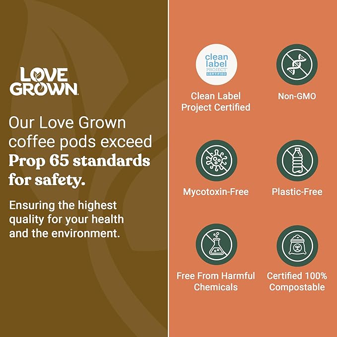 Love Grown Compostable Coffee Pods - Compatible with Single-Serve Brewing Machines - 100% Arabica Beans, Plastic-Free, Gluten-Free, Non-GMO - Decaf, Box of 15