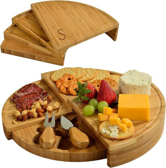 Picnic at Ascot Patented Personalized Monogrammed Engraved Bamboo Cheese/Charcuterie Board with Cheese Knives- Designed & Quality Checked in the USA