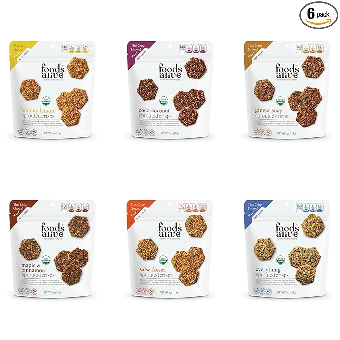 Foods Alive Sweet + Savory Organic Sprouted Crisps Bundle (6 flavors), 4oz, Gluten Free Crackers