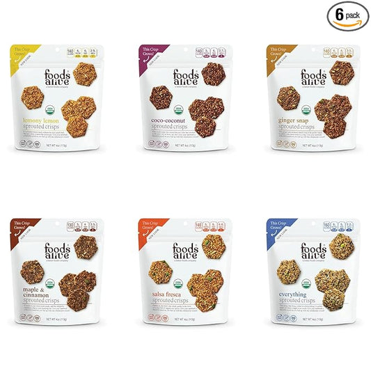 Foods Alive Sweet + Savory Organic Sprouted Crisps Bundle (6 flavors), 4oz, Gluten Free Crackers
