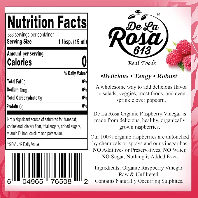 De La Rosa Organic Raspberry Vinegar, Raw & Unfiltered Pure Vinegar, Vegan, Gluten Free & Kosher, Great for Organic Salad Dressing and Marinades, 5 Liters (Pack of 1)