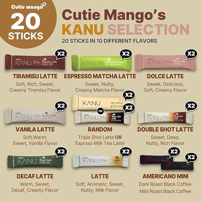 CUTIE MANGO Maxim KANU Premium Korean Instant Coffee Sampler Latte & Americano Assortment Café Style Camping Party Easy-to-Mix Single Serve Packets 20 Variety Pack