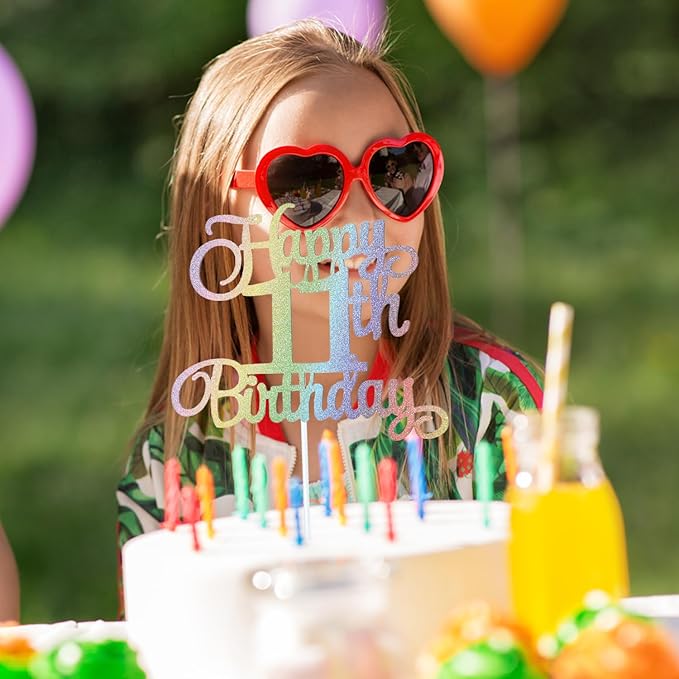 11th Happy Birthday Cake Topper, Glitter Happy 11th Birthday Cake Topper for Birthday Party Cake Decoration(Rainbow Color)