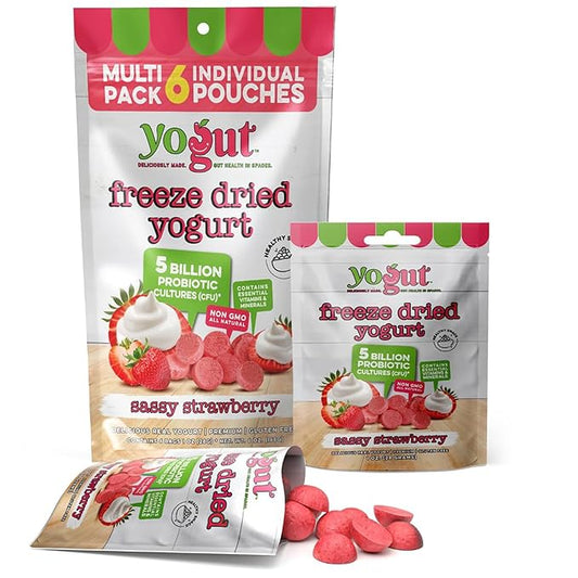 YoGut Freeze Dried Yogurt Snack, Strawberry, 6 Pack, Healthy Snacks for Kids, Toddlers & Adults, Gluten Free, Non GMO, With 5 Billion Live Probiotics, Vitamins & Minerals, Individual Snack Packs