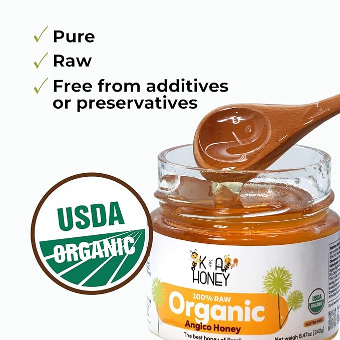 K&A HONEY Angico Honey | USDA Certified Organic | 100% Raw Brazilian Honey | Rich in Antioxidants & Natural Energy | Natural Alternative to Sugar | 8.47 oz