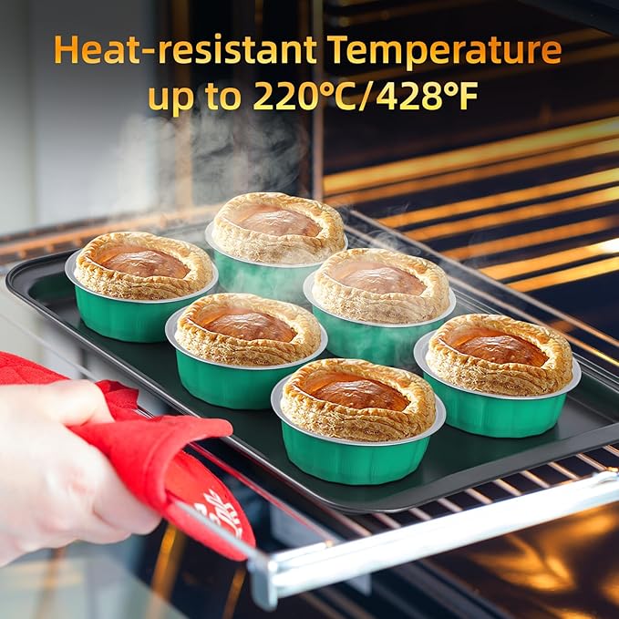 Beasea Ramekins Baking Cups with Lids, 120 Pack 8 oz 4 Inch Disposable Mini Elegant Blue Foil Creme Brulee Aluminum Baking Cups Small Round Cupcake Tart Pie Tins Pans Individual Containers Oven Safe