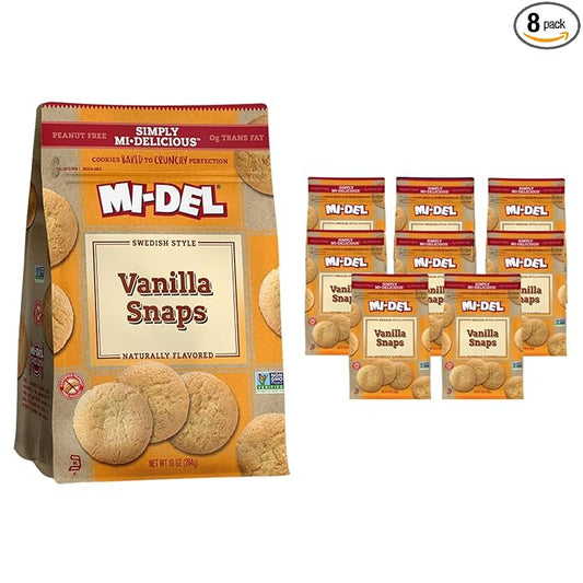 Mi-Del Vanilla Snaps Cookies - Crunchy Vanilla Cookies - Non-GMO Certified, 0g Trans Fat, Healthy Cookies (Pack of 8)
