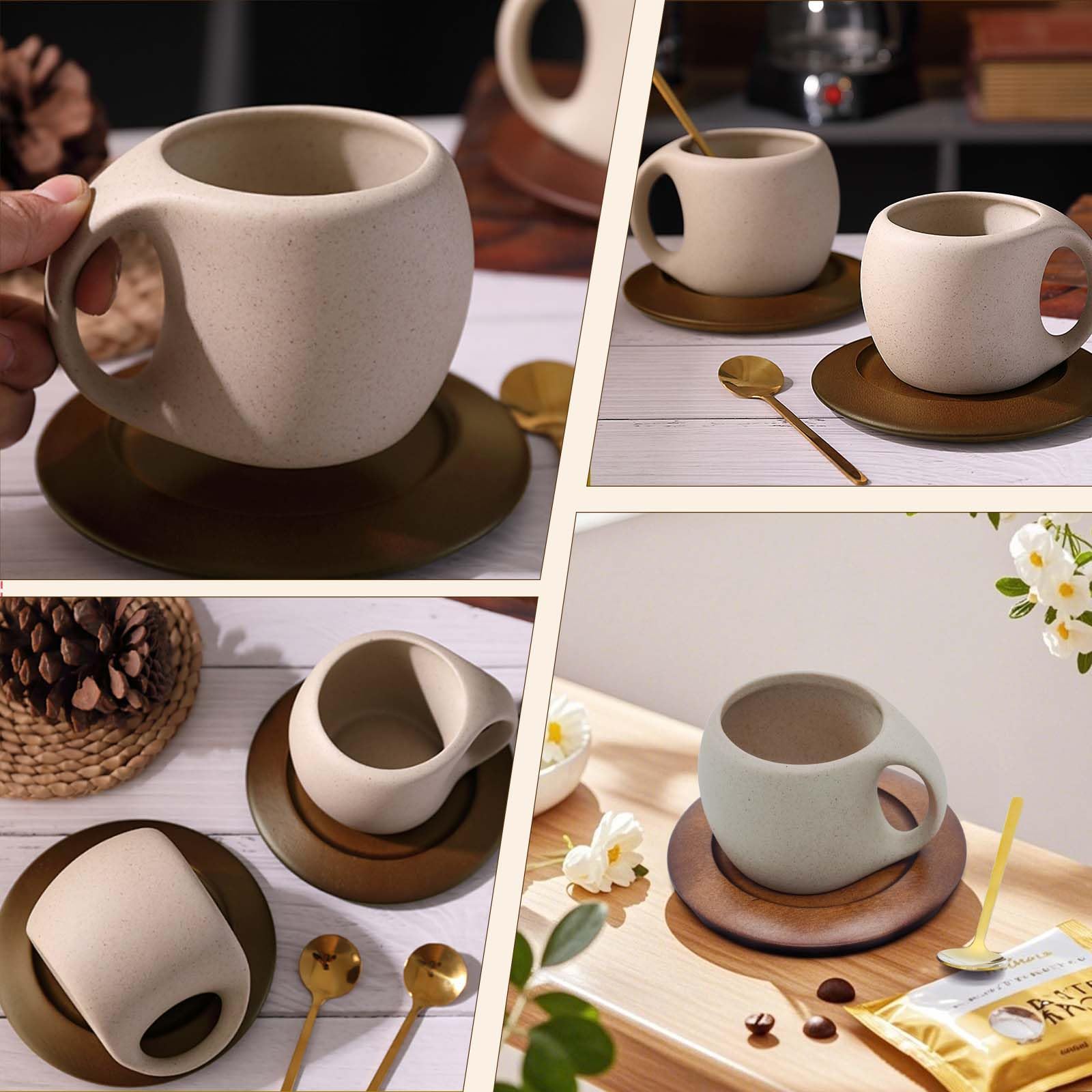 Ceramic Coffee Mug Set with Natural Wood Saucer & Spoon - 8.5 Oz Elegant Tea Cups for Latte, Hot
