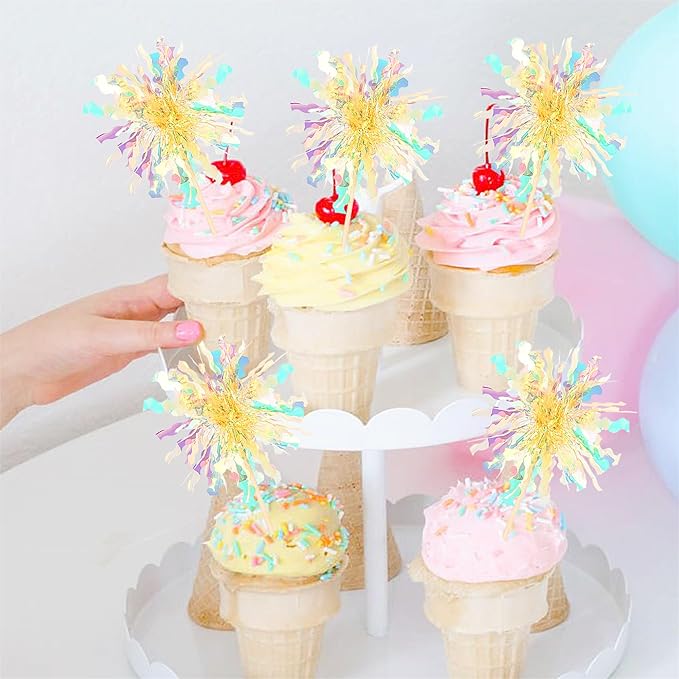Rsstarxi 30 Pack Firework Cupcake Toppers Sparkle Tinsel Drink Birthday Cake Decorations Cocktail Food Fruit Toothpick for Valentine's Day Wedding Birthday Party Decorations Yellow