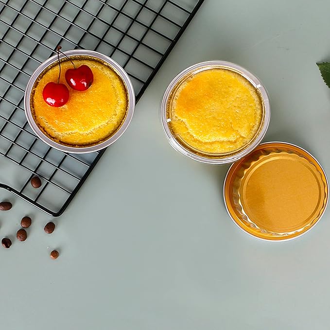 50 Pack Baking Cups with Lids, 5oz Aluminum Foil Cupcake Cups Muffin Liners, Disposable Foil Ramekins, Cupcake Holders Dessert Containers Mini Pudding Cups for Birthday, Christmas (Gold)
