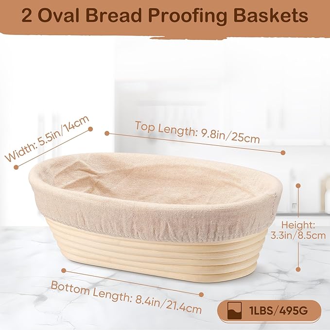 TeamFar Bread Proofing Basket Set of 2, Sourdough Bread Baking Supplies, 10 Inch Oval Proofing Baskets for Sourdough Bread Baking, Proofing Bowls with Liner for Dough Fermentation