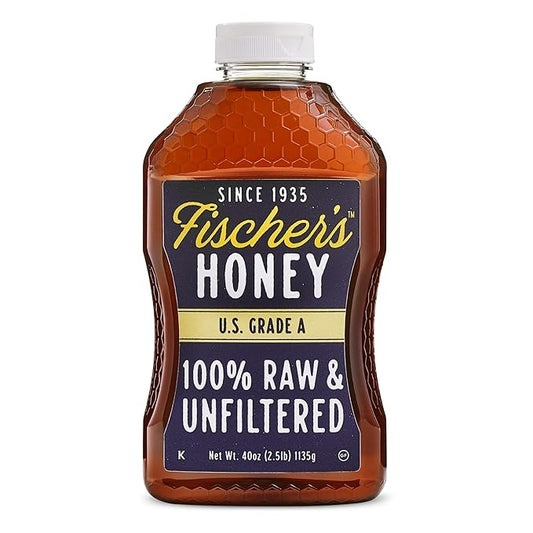 Fischer’s 100% Pure, Raw & Unfiltered Honey, 40 oz – USA Made Honey – All-Natural Sweetener – Rich Flavor Profile, Packed with Nutrients