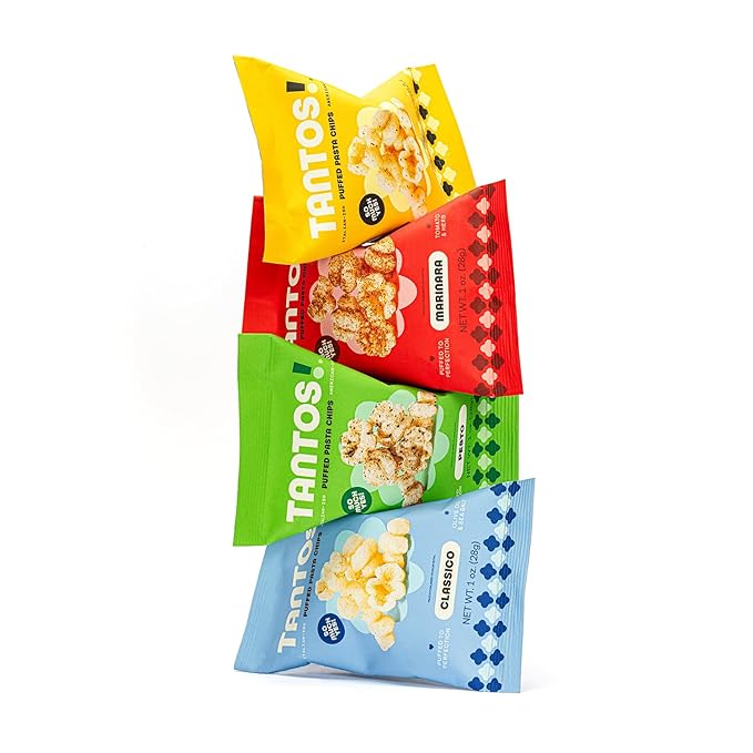 Tantos! Puffed Pasta Chips ??Healthy Pasta Snack by Top Chef Joe Sasto ??Plant-Based, Low Calorie, Crunchy Chips ??Variety Pack ??Marinara, Pesto, Cacio e Pepe, Classico ??Gourmet Bold Flavors (1oz-24 Pack (6 of Each Flavor), Variety)
