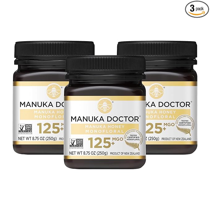 MANUKA DOCTOR - MGO 125+ (3 Pack) Manuka Honey Monofloral, 100% Pure New Zealand Honey. Certified. Guaranteed. RAW. Non-GMO (8.75 oz)