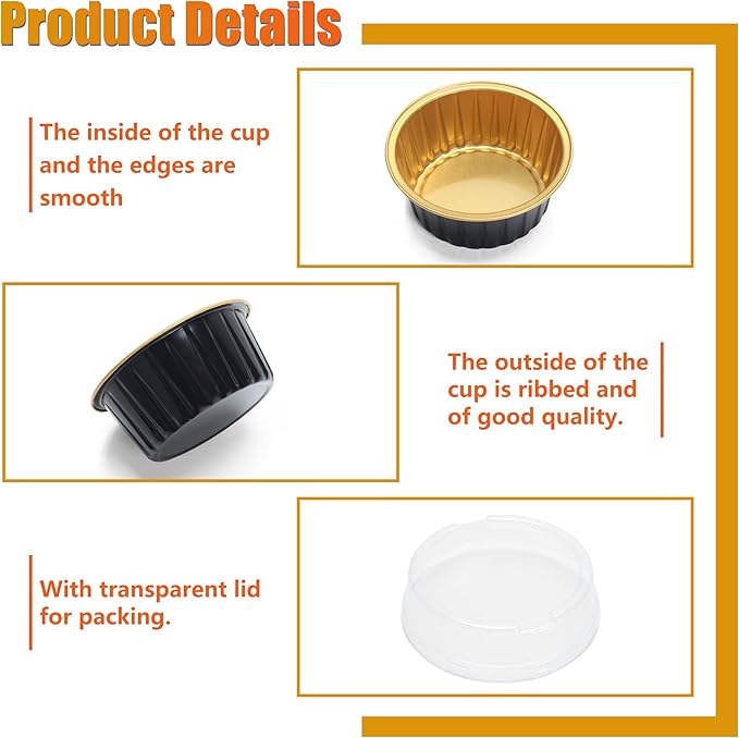 Black Mini Cake Pans with Lids, 4.2oz 50Pcs Black Disposable Ramekins, Black Aluminum Cups with Lids, Disposable Ramekins with Lids for Muffin