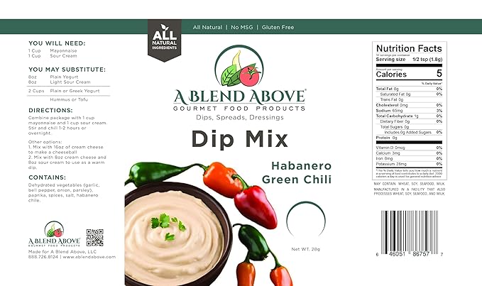 A Blend Above Habanero Green Chili Dip Mix Mixed Seasonings Packet, 1 oz (3 Pack),Spicy Dip, Gluten-Free, No MSG, All Natural, No Preservatives, Vegetable Dip, Keto Friendly, Low Carb, Easy to Make