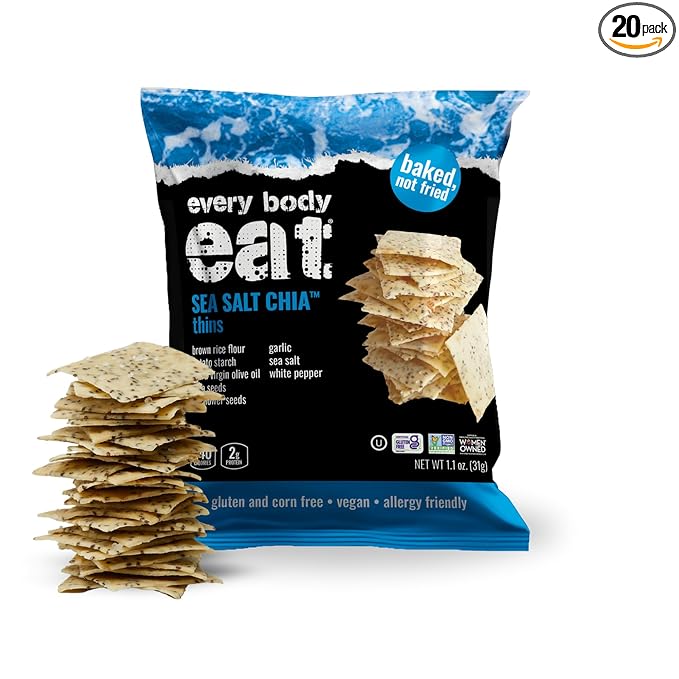Every Body Eat Snack Thins, Gluten & Dairy Free, Vegan, School Safe Lunch Snacks, Sea Salt Chia (20 Single Serve Bags, 1.1oz)