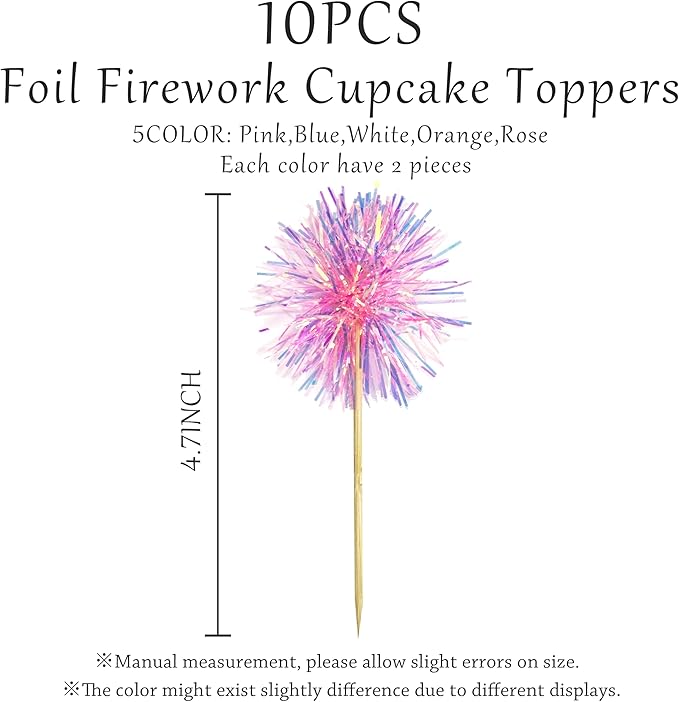 10PCS Foil Firework Cupcake Toppers, Takemay Happy Birthday Cake Toppers, Sparkle Tinsel Flower Drink Stirrers Cocktail Food Fruit Toothpicks for Party Birthday Wedding Ceremony