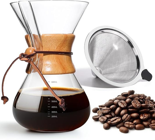 Pour Over Coffee Maker 27 OZ, 8 Cup Borosilicate Glass Drip Coffee Maker with Reusable Stainless Steel Filter and Cork Grip for Home Caf챕 800 ML