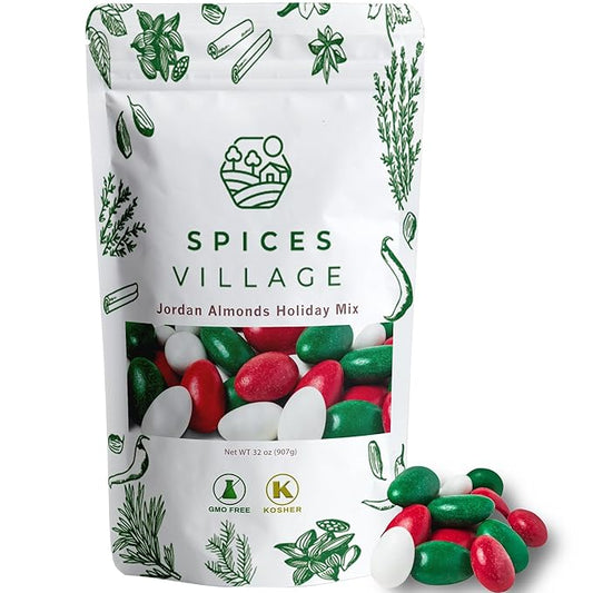 Spices Village Christmas Jordan Almonds, Red, Green, and White Candy-Coated Almonds, Ideal for Christmas, Noel, and Seasonal Celebrations - Certified Kosher, Non-GMO,32 oz