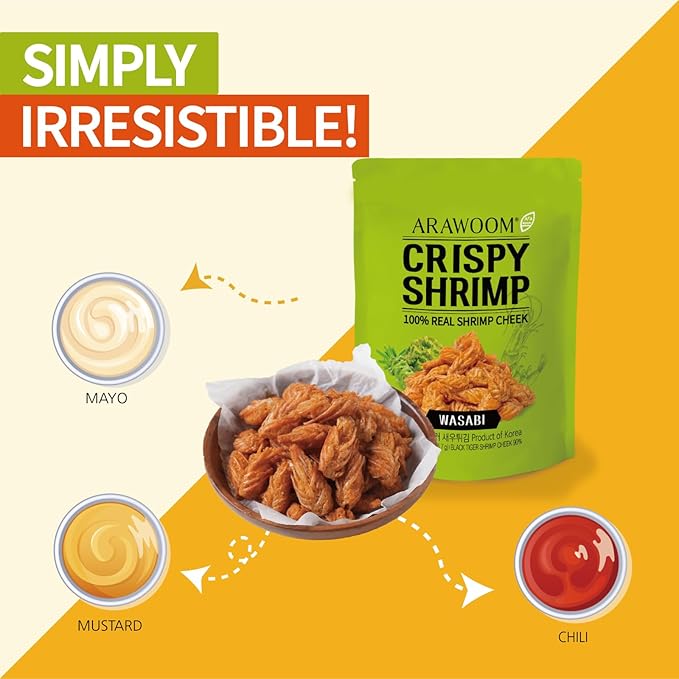 ARAWOOM - 100% Real Black Tiger Shrimp Haed Crisps, Wasabi Pack [2oz, Pack of 1], Crispy Seafood Snack, High-Protein Crunch, Crunchy On-the-Go Treat