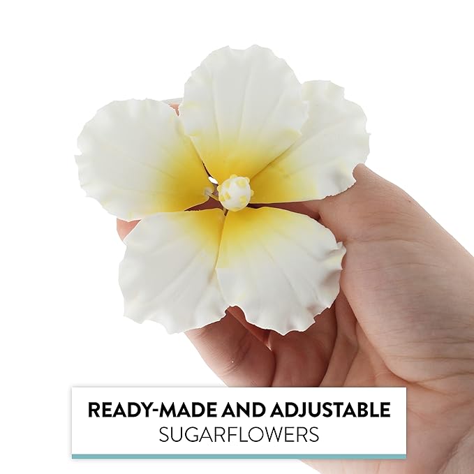 Global Sugar Art Hibiscus Sugar Cake Flowers, White with Yellow, Hawaiian Cake Flower Large 3 Count by Chef Alan Tetreault
