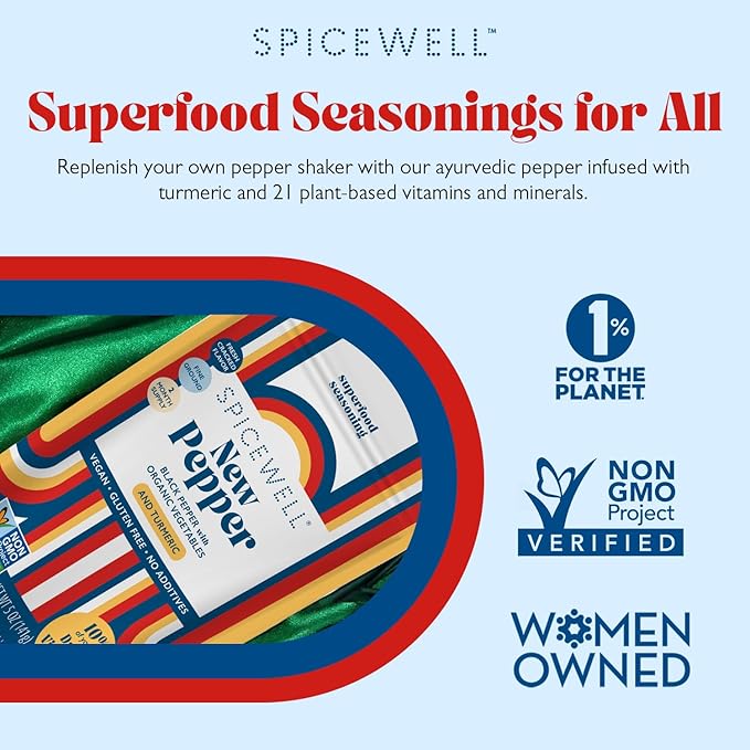 Spicewell New Pepper Pouch - Ayurvedic Black Pepper with Turmeric & 21 Plant-Based Vitamins and Minerals - Fine Ground, Fresh Cracked Flavor, 5oz