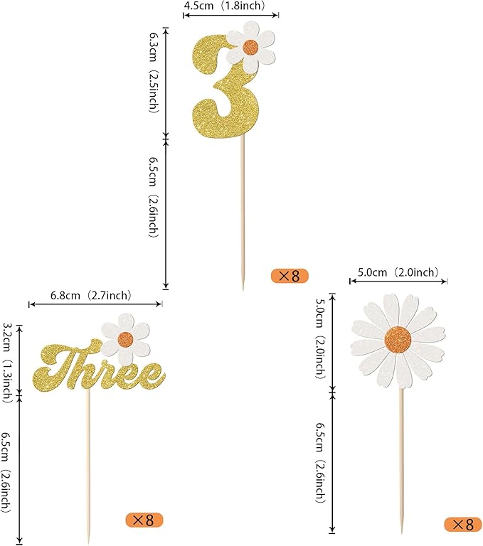 24 Pack 3rd Birthday Daisy Cupcake Toppers Glitter Three Daisy Cupcake Picks Spring Daisy Chrysanthemum Third Birthday Cupcake Decorations Kids birthday Party Supllies Gold