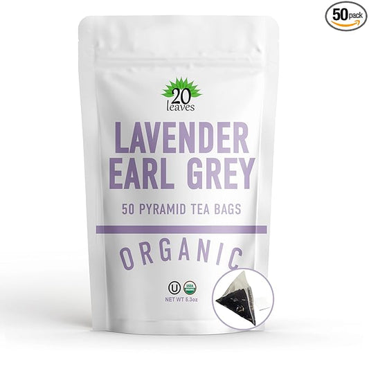Lavender Earl Grey Black Tea - 100% Certified Organic - 50 Pyramid Tea Bags Sachets in a Resealable Bag
