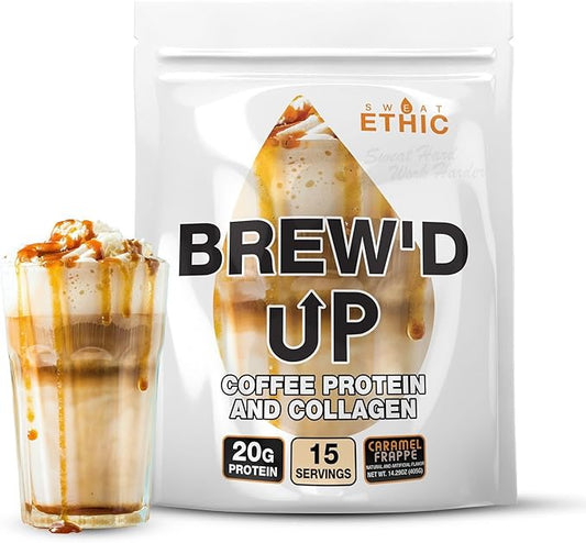 Brew???UP Collagen Protein Coffee, Whey Isolate & Collagen Peptides, Natural Caffeine, Low Lactose, No Added Sugar, Easy-Mix Protein Coffee Powder, Caramel Frappe Flavor, 15 Servings