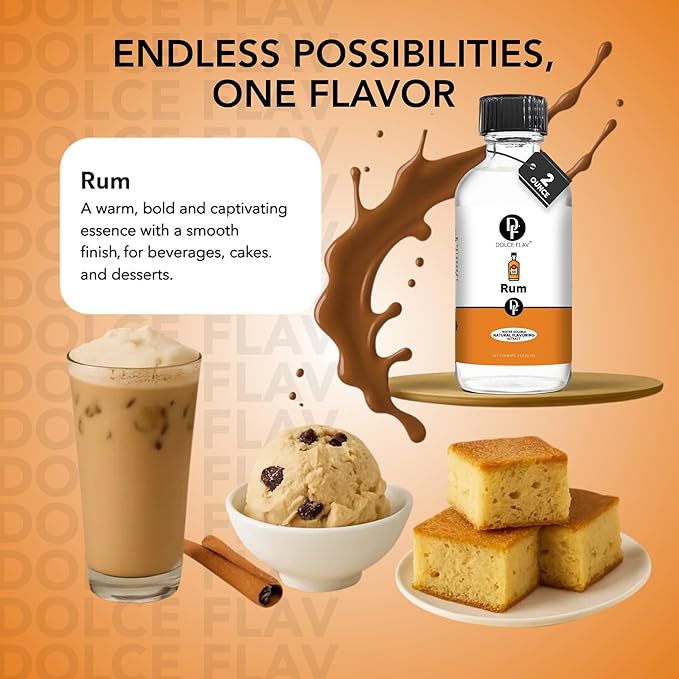Dolce Flav Natural Rum Extract ??2 Ounce Water-Soluble Kosher, Sugar-Free, Concentrated Dark Rum Flavoring for Baking, Cocktails & Desserts, Includes Measured Dropper