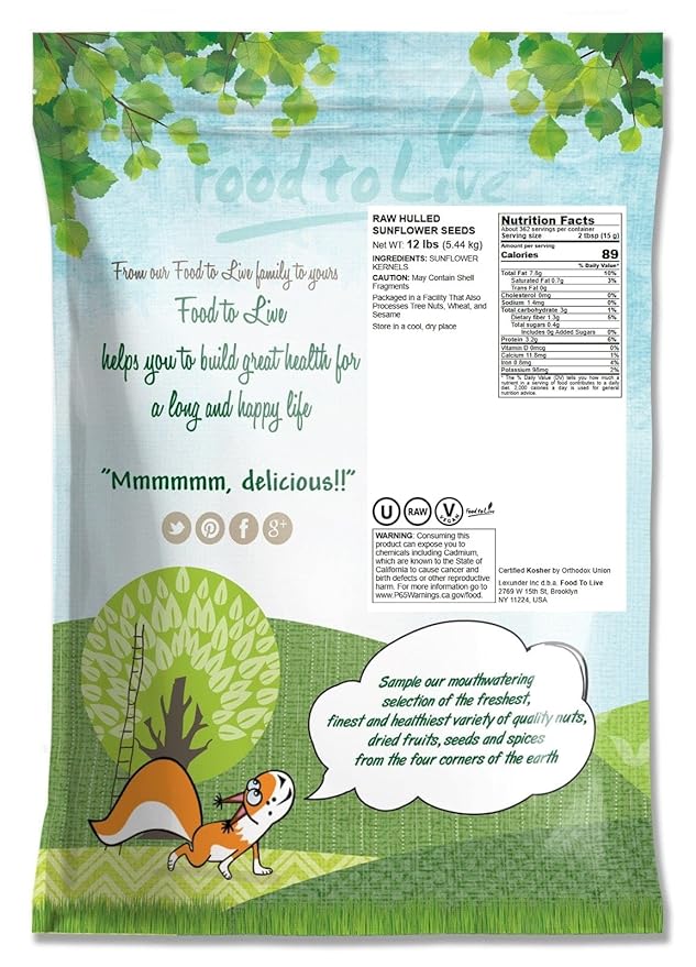 Food to Live Sunflower Seeds, 12 Pounds – Non-GMO Verified, Kernels, No Shell, Kosher, Raw, Vegan, Sirtfood, Bulk