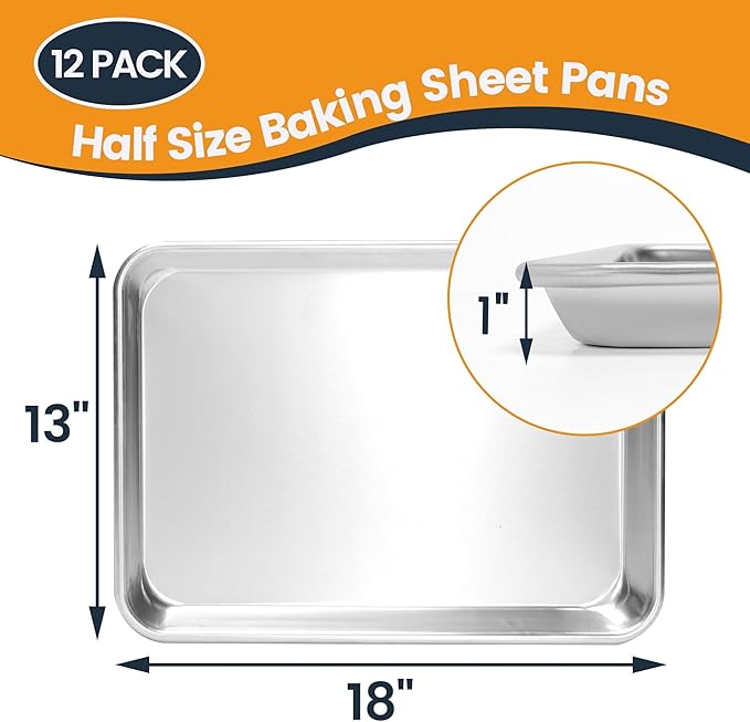 12 Pack Half Size Baking Sheet Pan, Aluminum Commercial Cookie Sheet Pan, Durable & Anti-Stick 18?쓝 13??,<div>