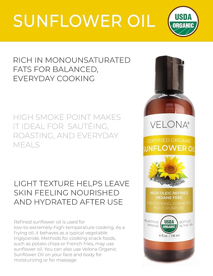 velona USDA Certified Organic Sunflower Oil - 4 Fl Oz | 100% Pure and Natural Carrier Oil | High Oleic, Refined| Cooking, Skin, Hair, Body & Face Moisturizing