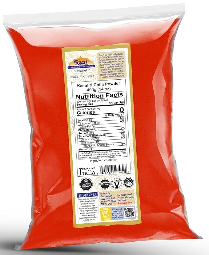 Rani Kashmiri Chilli Powder (Deggi Mirch, Low Heat) Ground Indian Spice 14oz (400g) ~ All Natural, Salt-Free | Vegan | No Colors | Gluten Friendly | NON-GMO | Kosher | Indian Origin