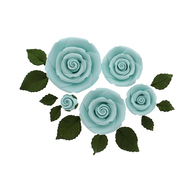 Global Sugar Art Exquisite Rose & Leaf Tray Sugar Cake Flowers, Blue Unwired, 5 Count by Chef Alan Tetreault